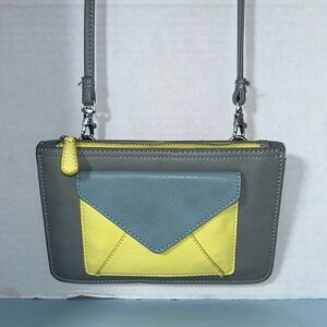 Oliver Bonas crossbody pouch bag grey yellow and blue 8”x5.5”